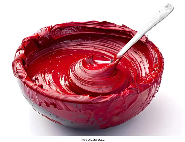 Red Paint In A Bowl With A Spoon