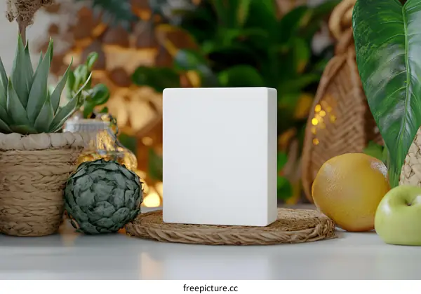 White Box Mockup with Green Plants and Fruits