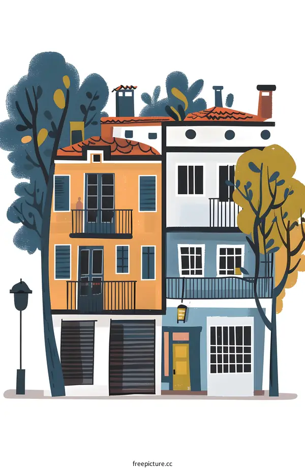 Colorful Illustration of Two Houses with Balconies and Trees