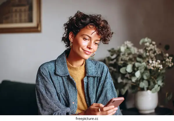 Woman using mobile phone in cozy interior setting