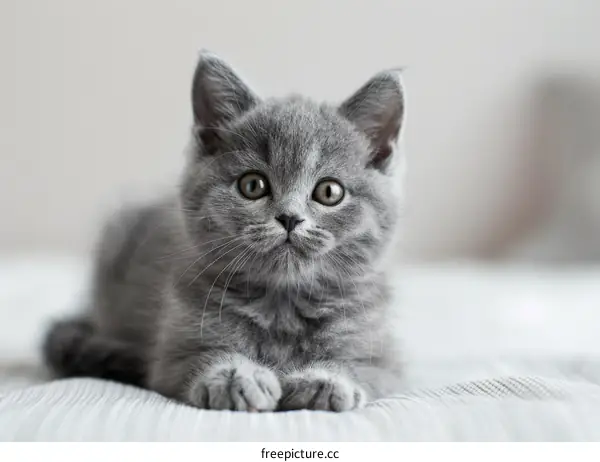 A cute gray kitten is sitting on a white blanket and looking at the camera