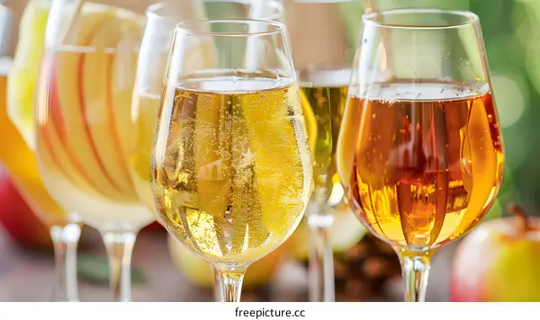 Close Up of Four Glasses of Sparkling Cider