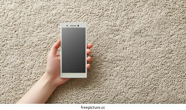 A hand holding a white smartphone from above