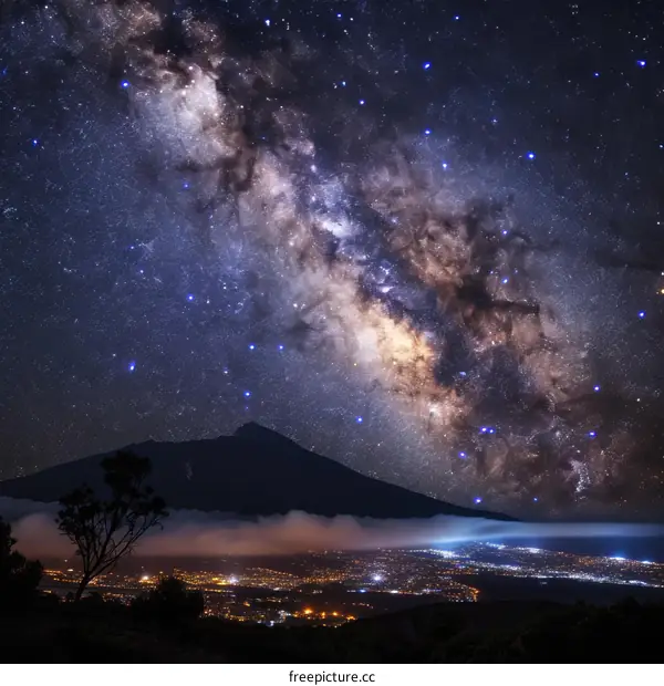 Starry night sky over the mountains and city lights