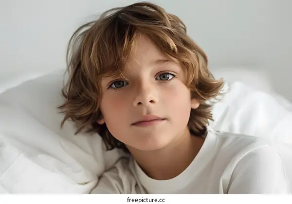 Portrait of a Young Boy with Blonde Hair Looking at the Camera