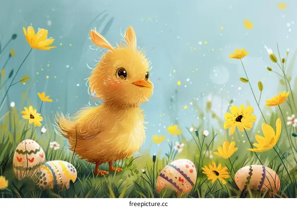 Cute Baby Chick with Easter Eggs in a Flower Field