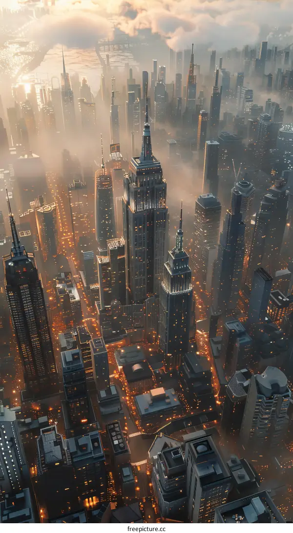 A futuristic city with skyscrapers and lights