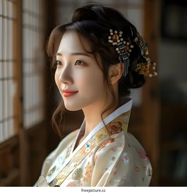 Korean Woman in Traditional Hanbok Dress