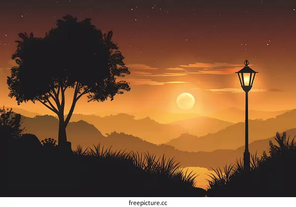 Silhouette Landscape with a Tree and a Lamp Post