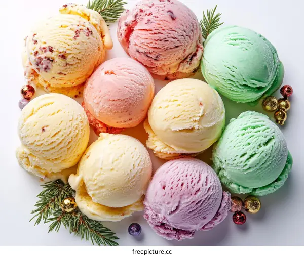 Assorted Ice Cream Scoops with Christmas Decorations