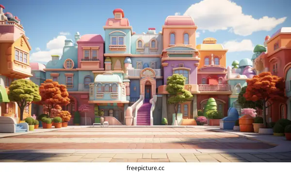 A cheerful cartoon town with colorful houses and trees