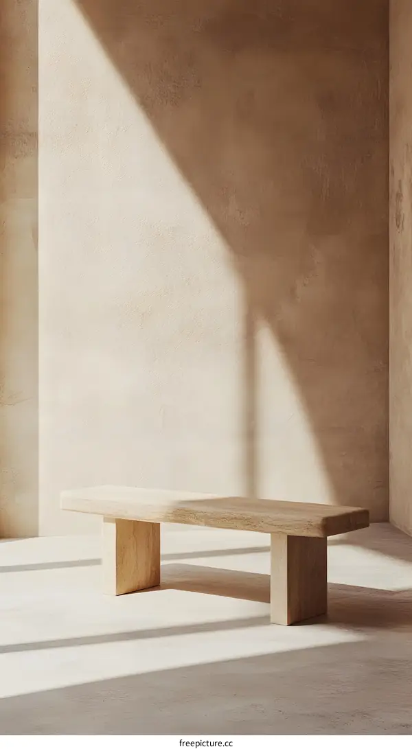 Minimalist Wooden Bench Against a Wall With Sunlight