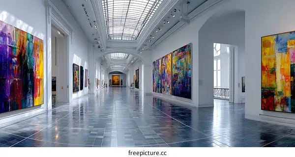 Art Gallery Corridor with Colorful Paintings