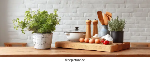Rustic Kitchen Still Life with Herbs and Eggs
