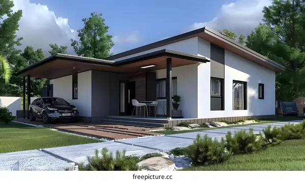 Modern Minimalist House Design with Front Yard and Car