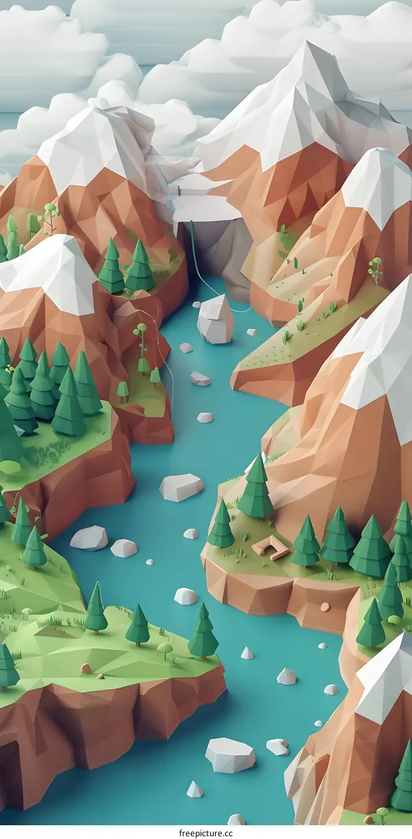 Low Poly Mountain Landscape with River