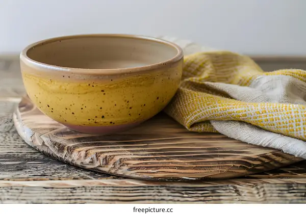 Ceramic Bowl on Wooden Cutting Board with Linen Towel