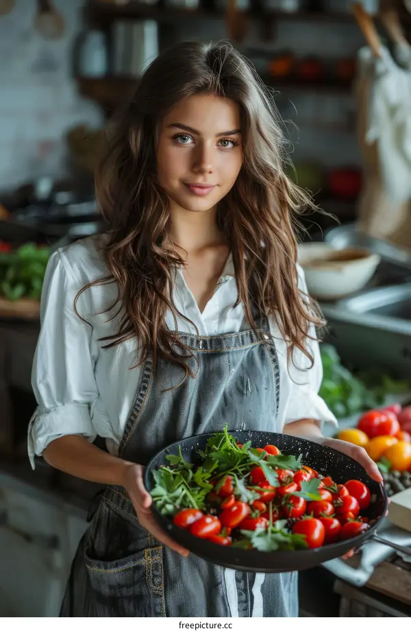 Smiling young woman in a white shirt and blue apron standing in her kitchen holding a bowl of cherry tomatoes