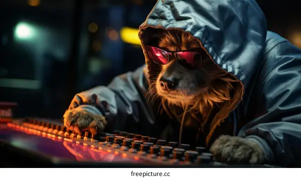 Hacker Dog in Hoodie and Sunglasses Hacks Computer