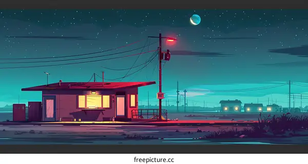 Nighttime Landscape with Small Building and Stars