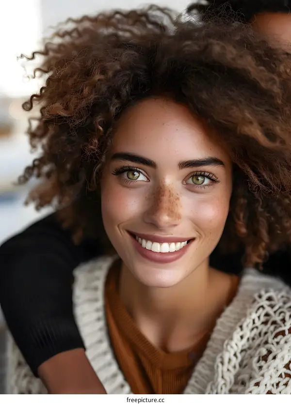 portrait of a smiling woman with curly hair