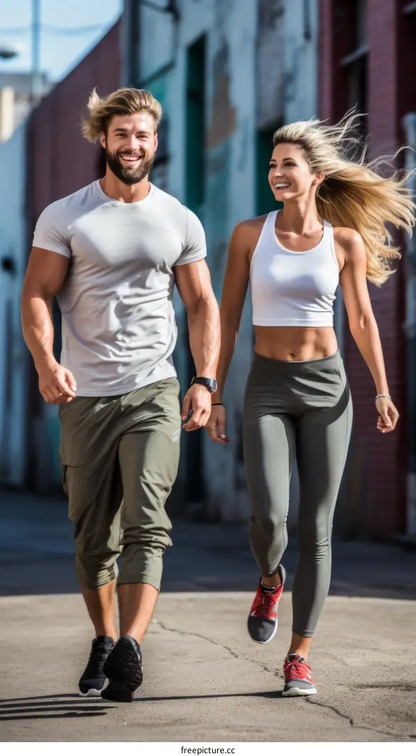 Happy couple walking together in the city