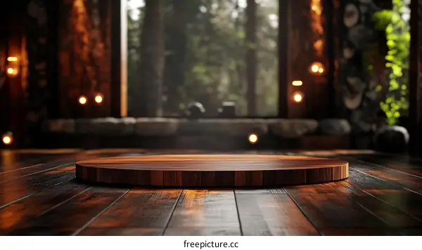 Wooden Round Display Stand in Rustic Interior