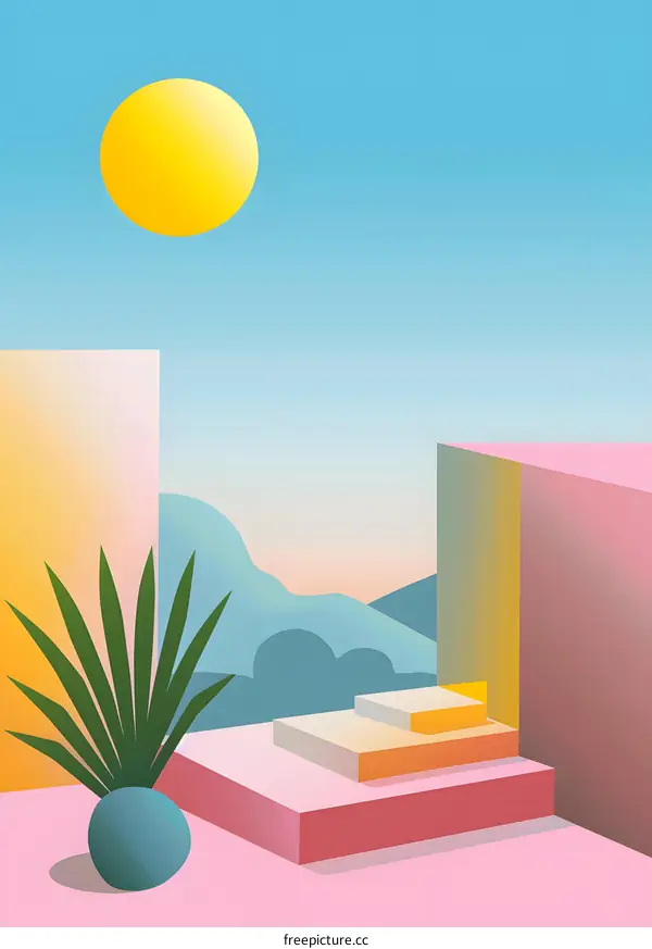 Abstract Geometric Shapes Illustration with Sun and Plants