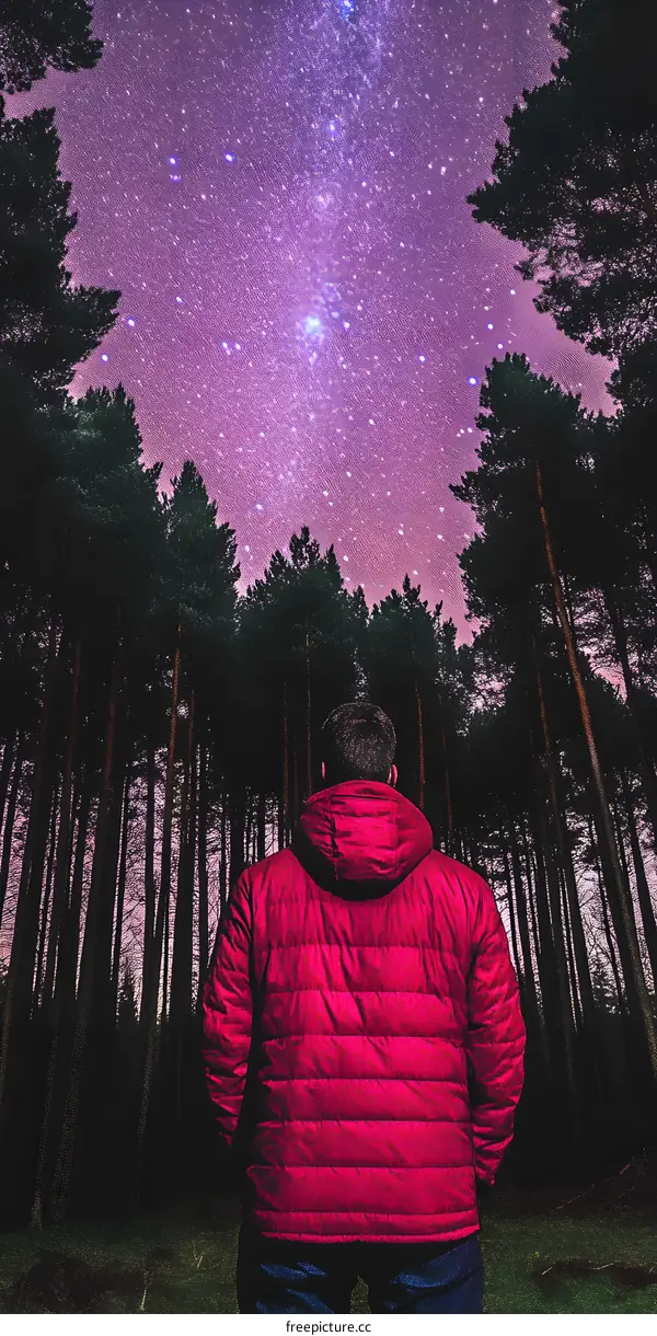 A Man Standing in a Forest Under a Starry Night Sky