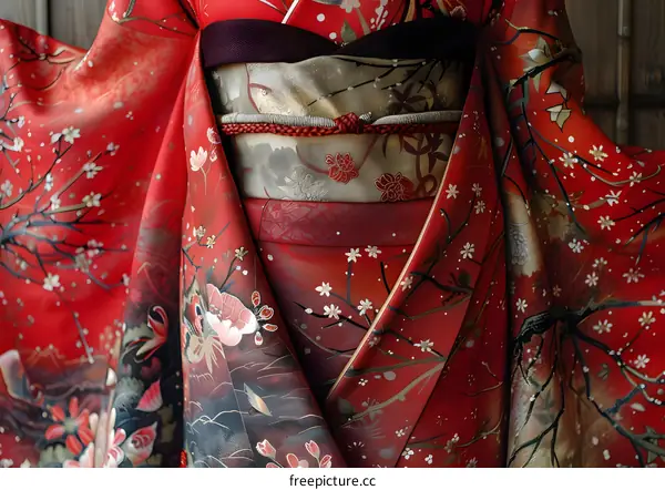 A kimono with a red background and floral pattern.