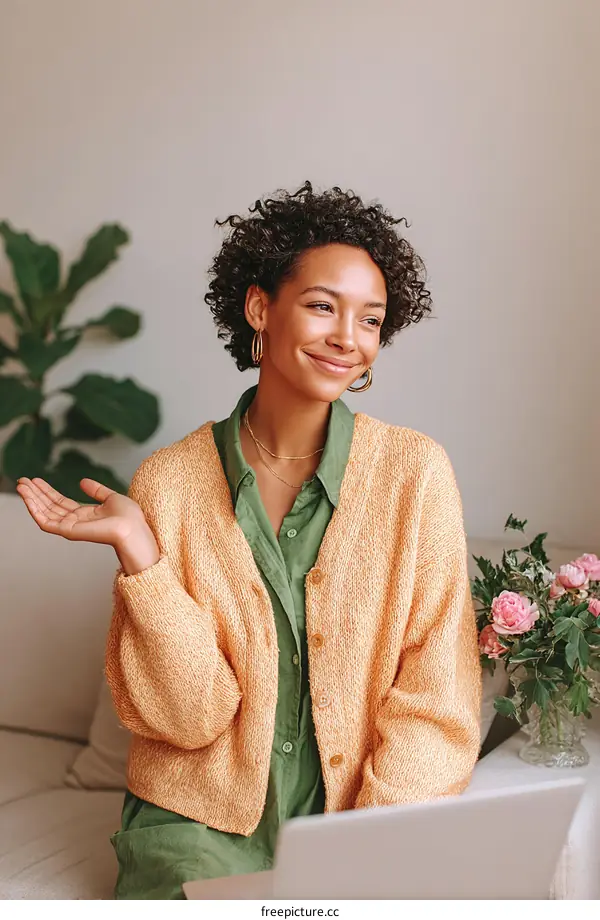 Woman Sitting at a Laptop, Casual Style, Home Office