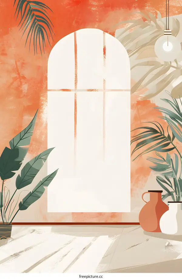Minimalist Watercolor Illustration of a Window with Plants