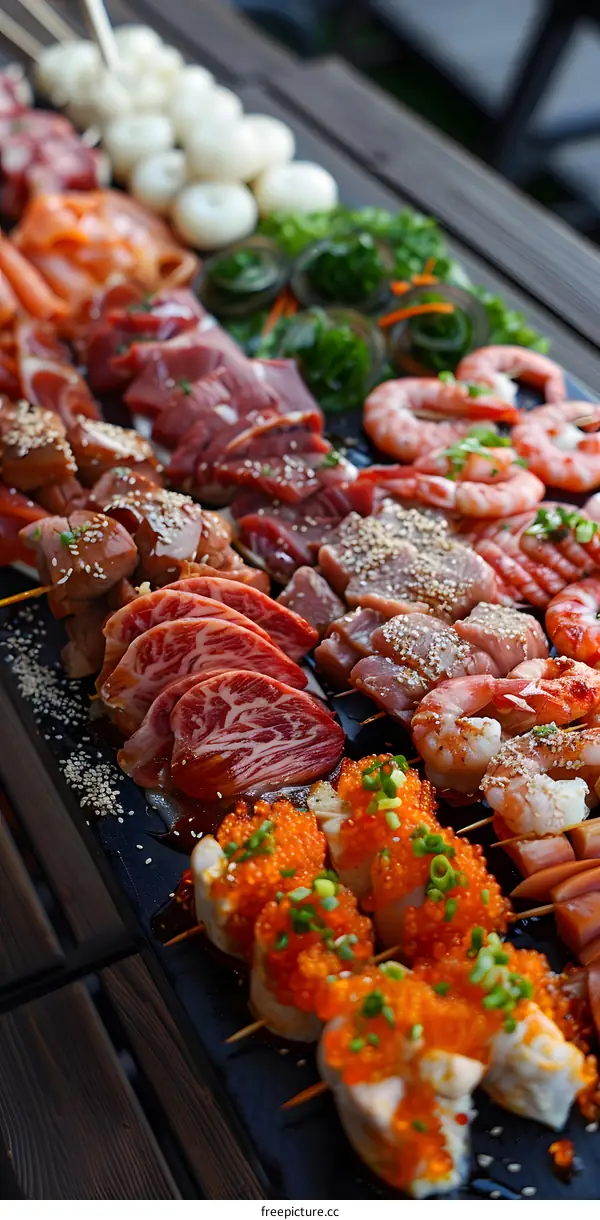 A variety of meats and seafood on skewers are arranged on a table.