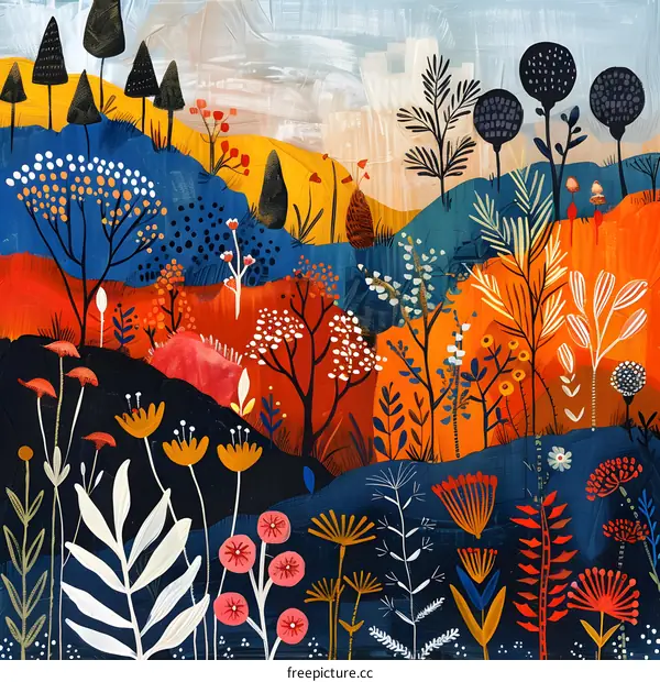 Colorful abstract painting of rolling hills with trees and flowers
