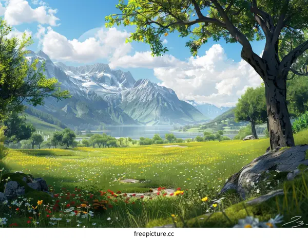 Fantasy landscape with mountains, lake, and flowers