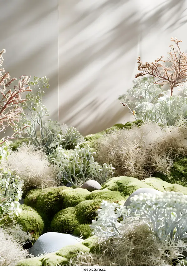 Green Moss Landscape with Rocks and White Plants