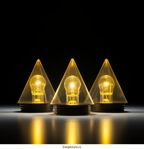 Three illuminated light bulbs in transparent yellow plastic cone shades