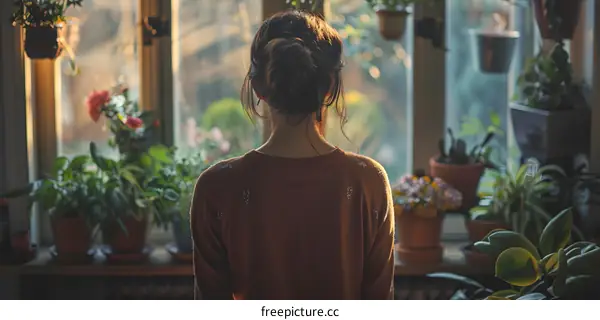 woman looking out the window at her plants