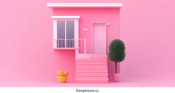 Pink Minimalist House with Balcony and Stairs