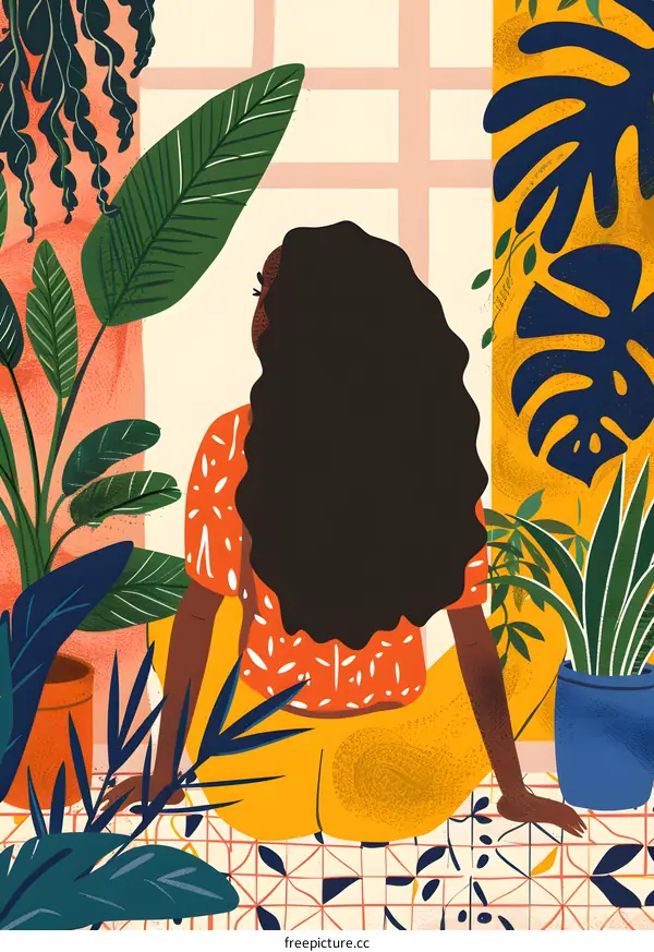 Woman Sitting in a Room with Plants