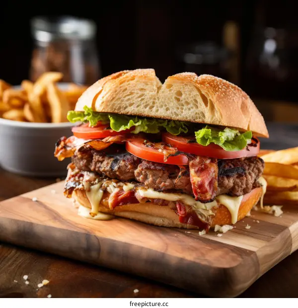 A delicious cheeseburger with bacon and fries