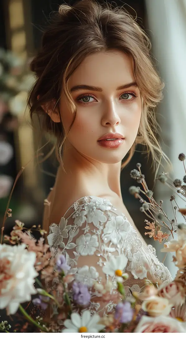 Beautiful Woman in Elegant Lace Wedding Dress