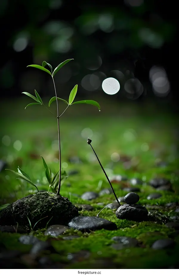 Green Plant Growing From Moss Covered Stones