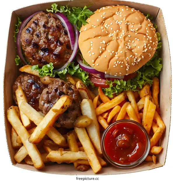 A delicious and nutritious meal of burgers and fries