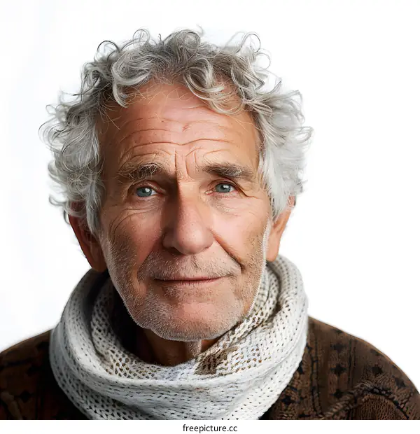 Portrait of a Senior Man with White Hair and a White Scarf