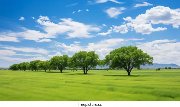 Tranquil Green Field with Blue Sky and Trees