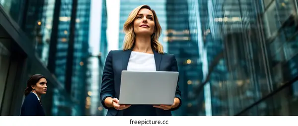 Businesswoman Holding Laptop Looking Upward in City