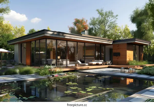 Modern House with a Pond and Patio