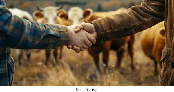Two farmers shaking hands in a field of cows