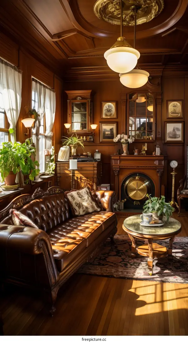 luxurious living room interior with leather furniture and wooden walls